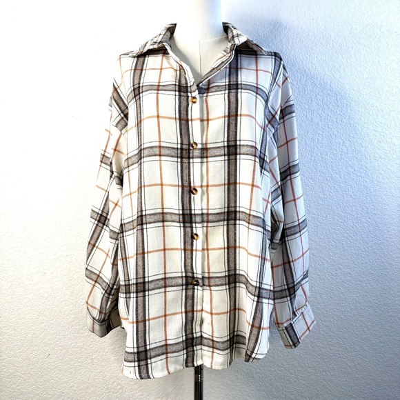 Tops - Soft Plaid Button-Down Flannel Shirt – Cream / Rust / Black – Size M